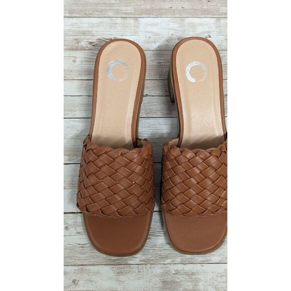 Journee Collection Womens Size 8 Brown Woven Block Heel Open Toe Slide Sandal - Picture 4 of 11